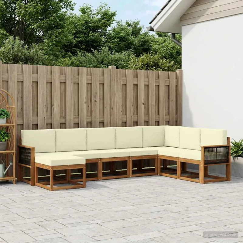 Lauko sofos komplektas su pagalve 8 pcs Natūralus ir grietinėlė