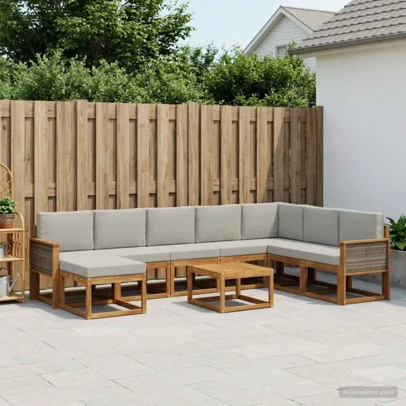 Lauko sofos komplektas 9 pcs Natūrali ir šviesiai pilka