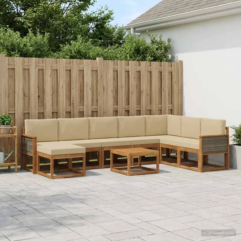Lauko sofos komplektas su pagalve 9 pcs Natūralus ir bežinis