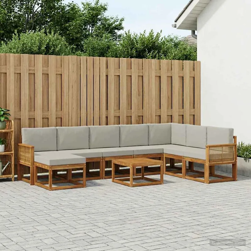 Lauko sofos komplektas 9 pcs Natūrali ir šviesiai pilka