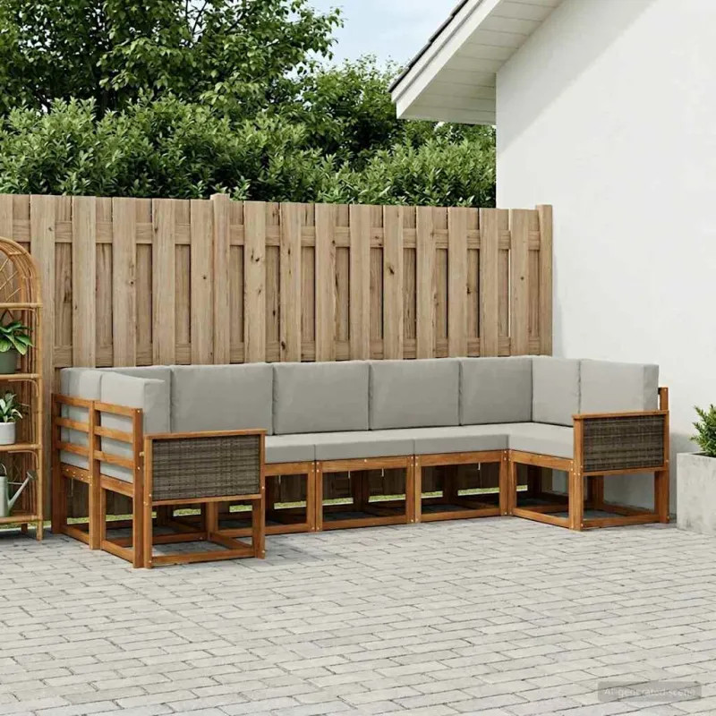 Lauko sofos komplektas 7 pcs Natūrali ir šviesiai pilka