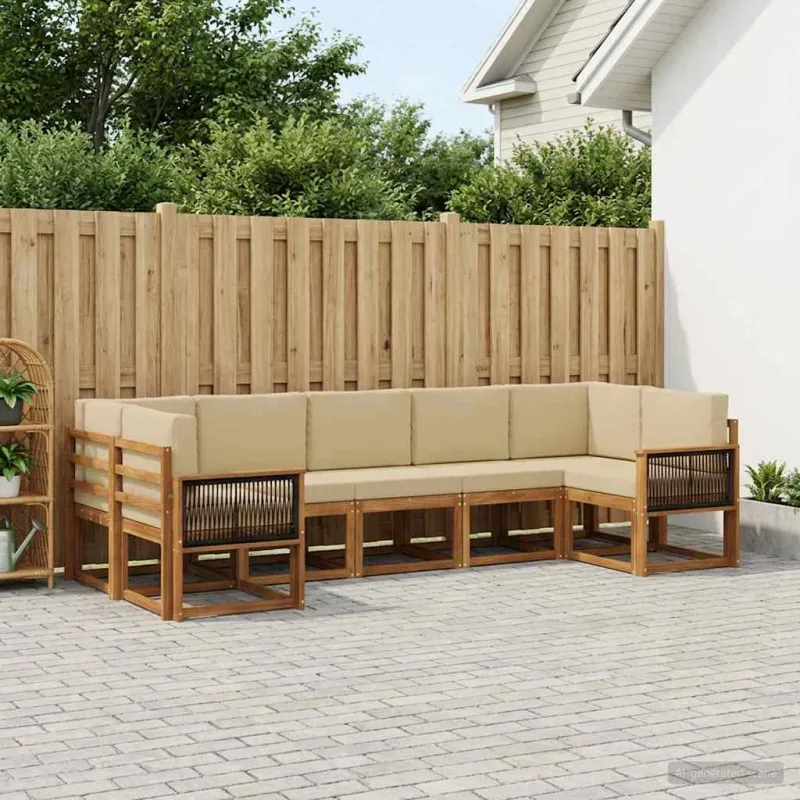 Lauko sofos komplektas su pagalve 7 pcs Natūralus ir bežinis