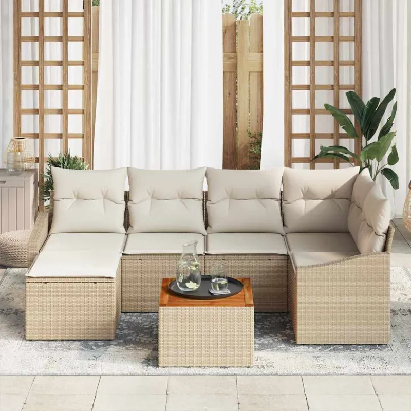 Sodo sohvaryhmä 7 osaa beige ja kermaisen väristä polyrattanaa