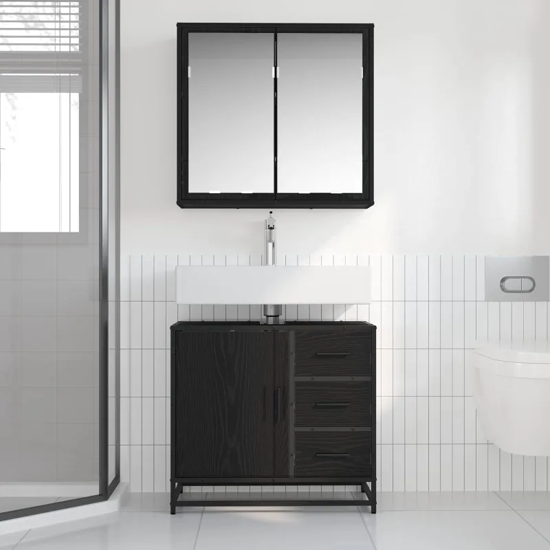Vonios baldų rinkinys 2 pcs juoda ąžuolo Apdirbta mediena