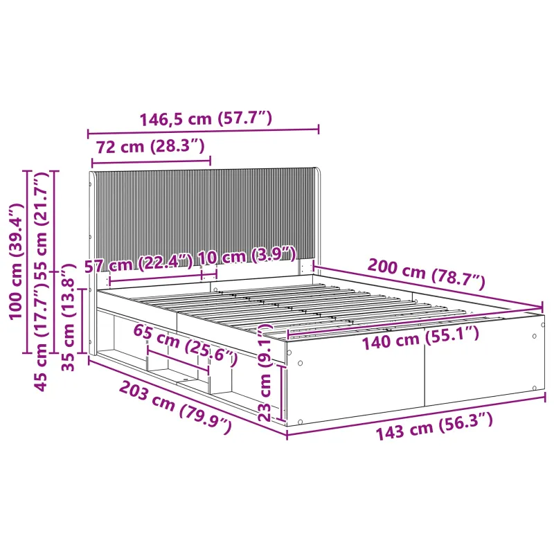 Lovos rėmas su saugojimu ir nugara 3 pcs Apdirbta mediena