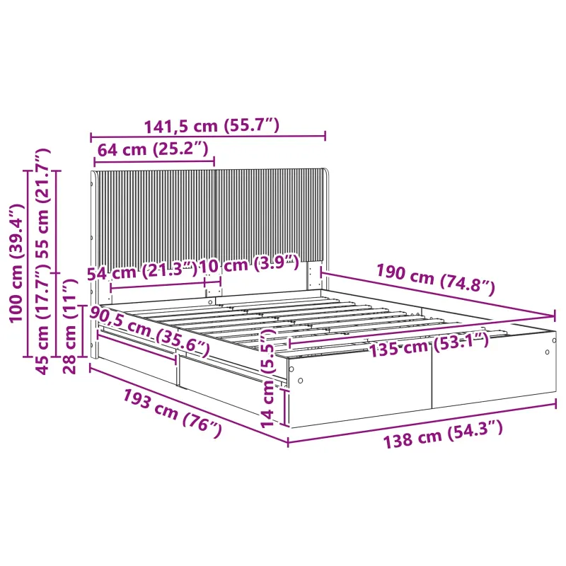 Lovos rėmas su saugojimu ir nugara Sonoma ąžuolas 135 x 190 cm
