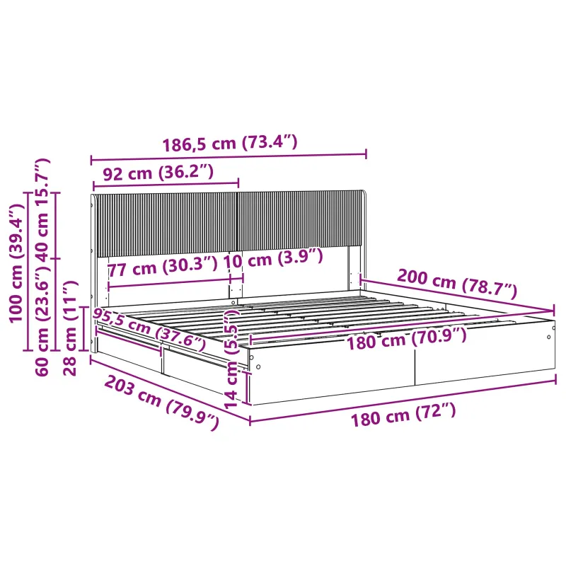 Lovos rėmas su saugojimu ir nugara Balta 180 x 200 cm