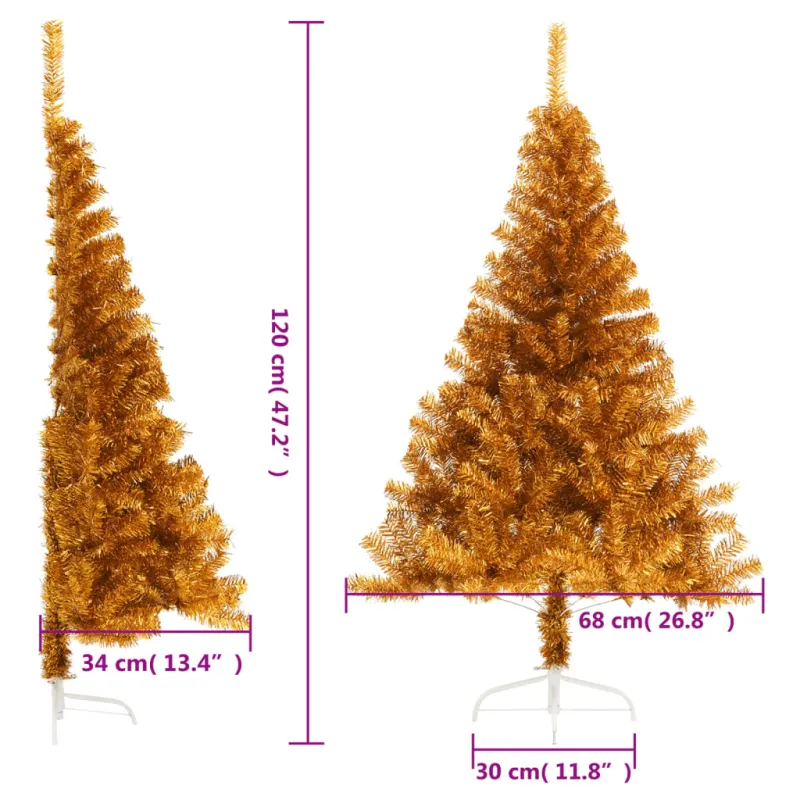 Dirbtinė pusinė Kalėdų eglutė su stovu, auksinė, 120cm, PET