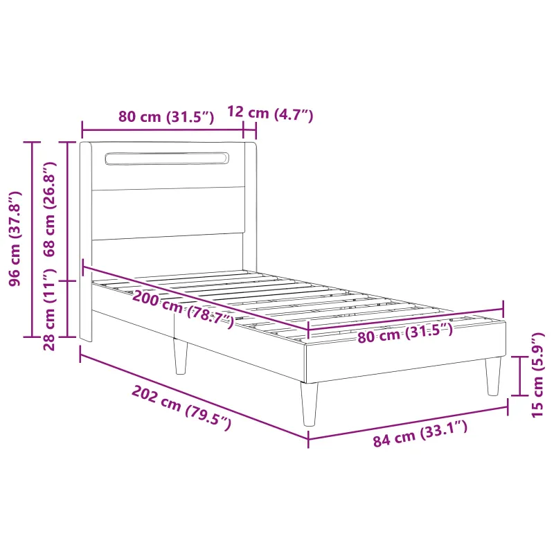 Lovos rėmas su LED juostelėmis Balta 80 x 200 cm Dirbtinė oda