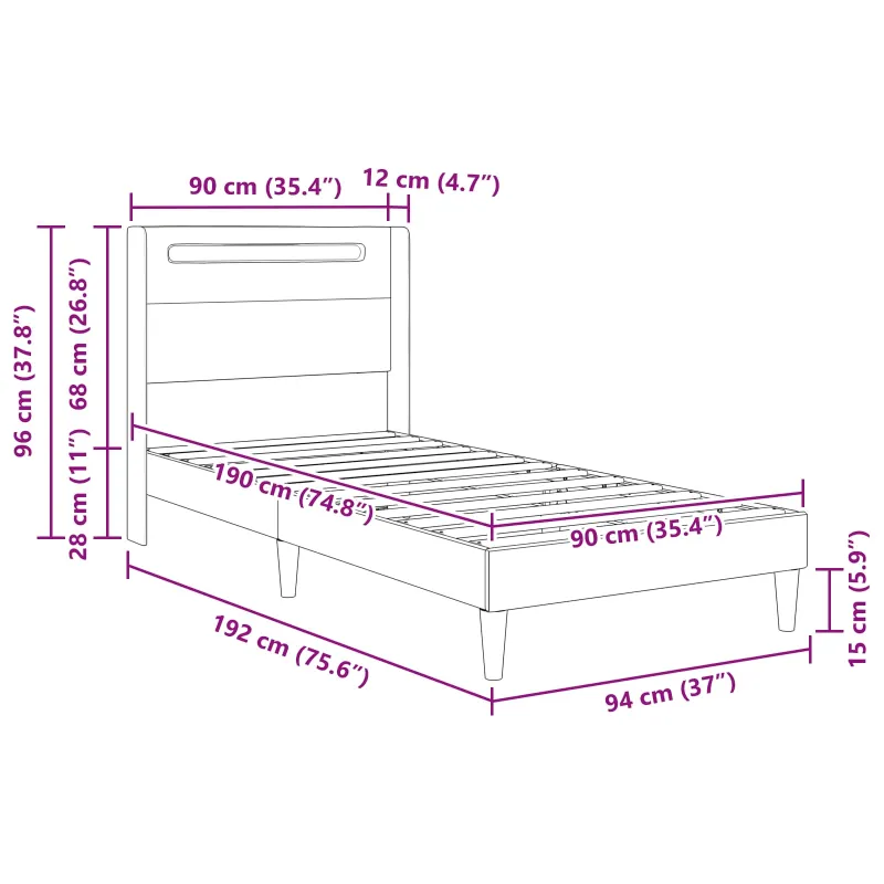 Lovos rėmas su LED juostelėmis Juoda 90 x 190 cm Dirbtinė oda