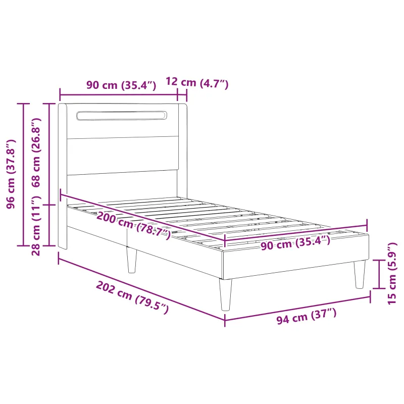 Lovos rėmas su LED juostelėmis Balta 90 x 200 cm Dirbtinė oda
