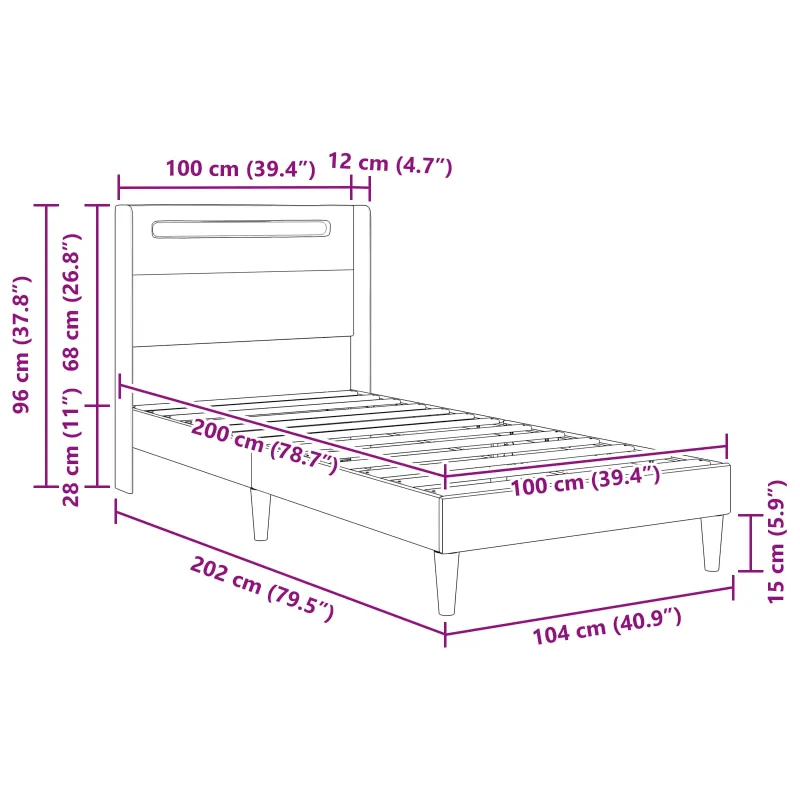 Lovos rėmas su LED juostelėmis Pilka 100 x 200 cm Dirbtinė oda