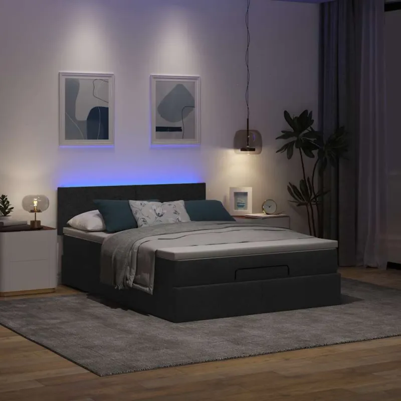 Osmanų lova su čiužiniu ir LED juodas 140x190cm audinys