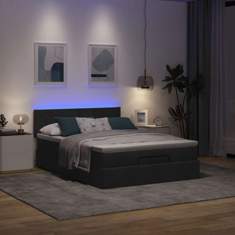 Osmanų lova su čiužiniu ir LED lemputėmis juodas 140x200 cm