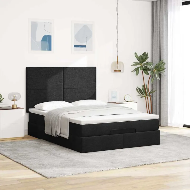 Osmanų lova su čiužiniu ir LED juodas 140x190cm audinys