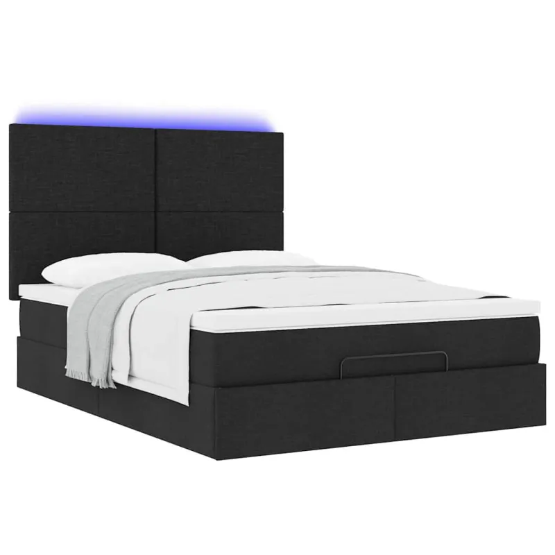 Osmanų lova su čiužiniu ir LED juodas 140x190cm audinys
