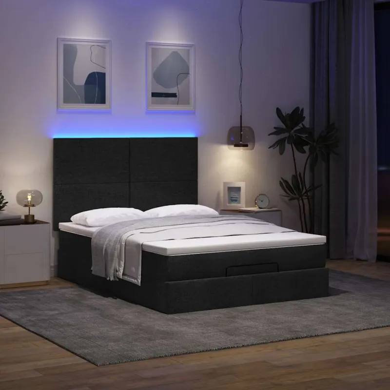 Osmanų lova su čiužiniu ir LED lemputėmis juodas 140x200 cm