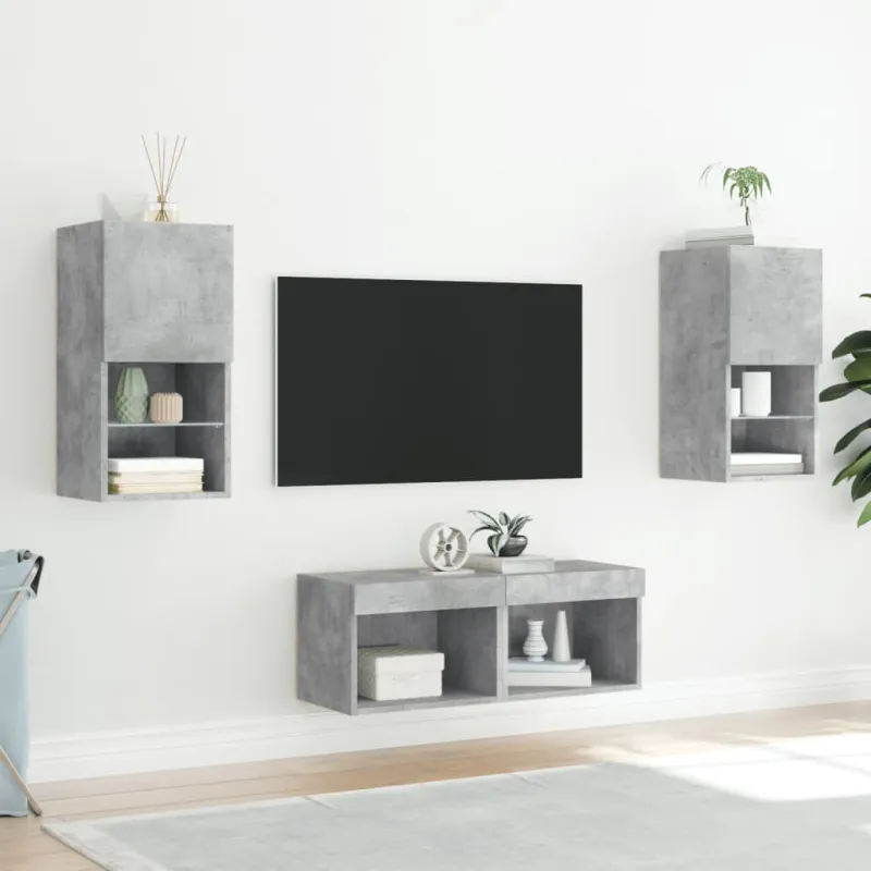 Sieninės TV spintelės su LED lemputėmis, 4 dalių, betono pilkos