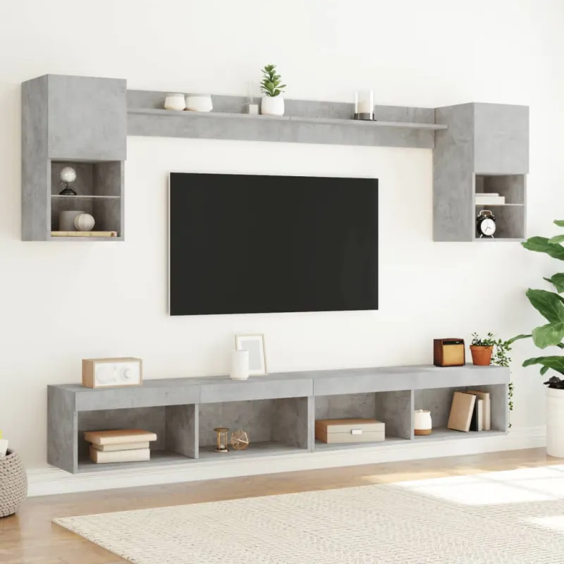 Sieninė TV sekcija su LED, 6 dalių, betono, apdirbta mediena