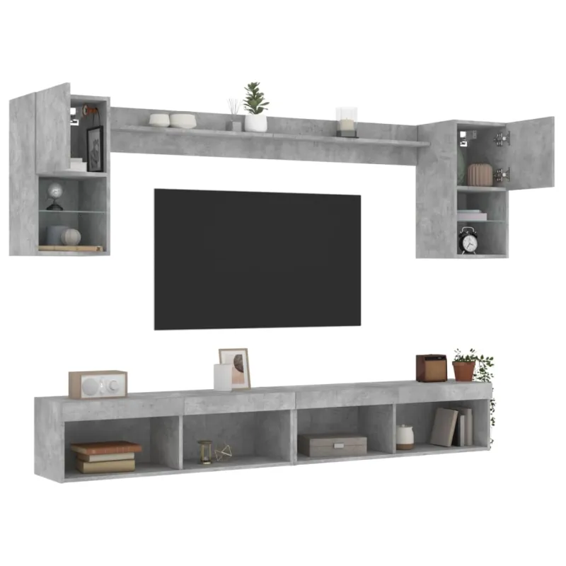 Sieninė TV sekcija su LED, 6 dalių, betono, apdirbta mediena