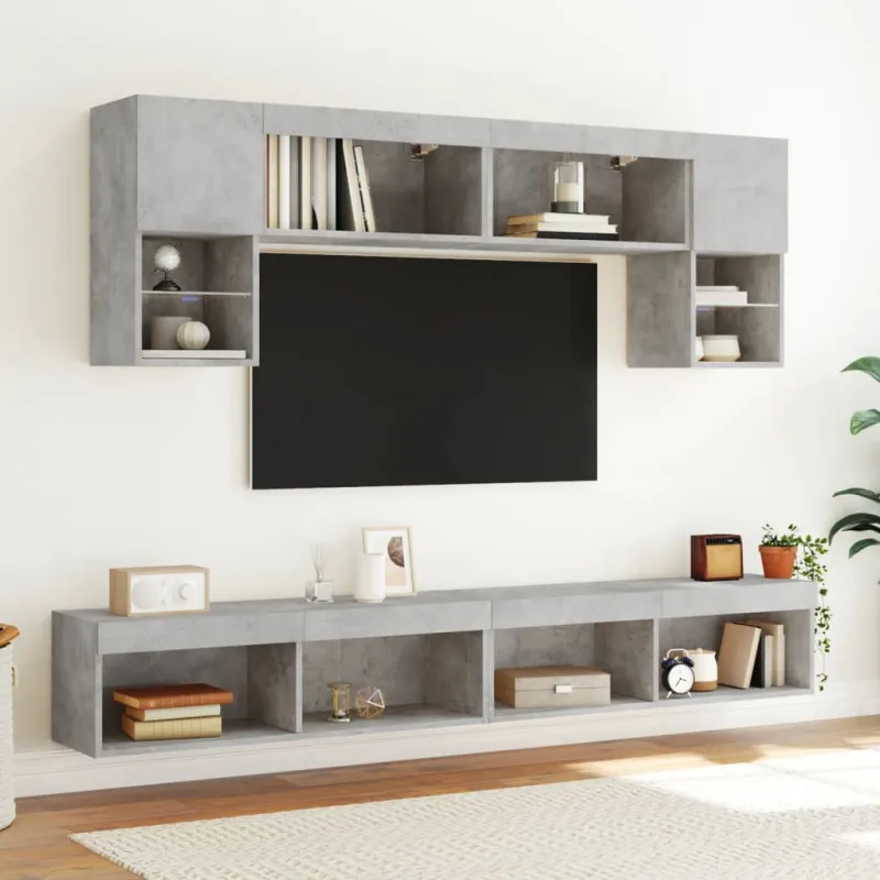 Sieninė TV sekcija su LED, 6 dalių, betono, apdirbta mediena