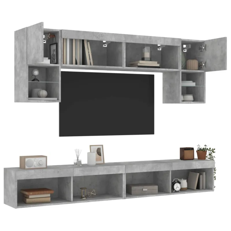 Sieninė TV sekcija su LED, 6 dalių, betono, apdirbta mediena