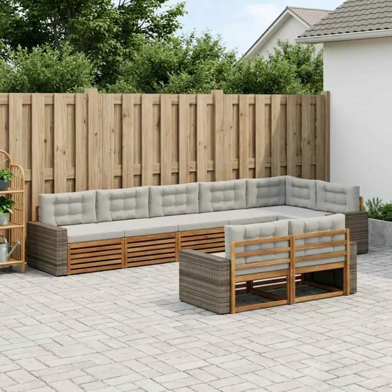 Lauko sofos komplektas 8 pcs Natūrali ir šviesiai pilka