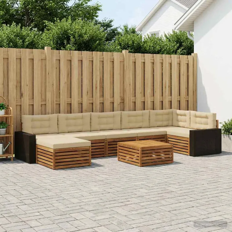 Lauko sofos komplektas su pagalve 8 pcs Natūralus ir bežinis