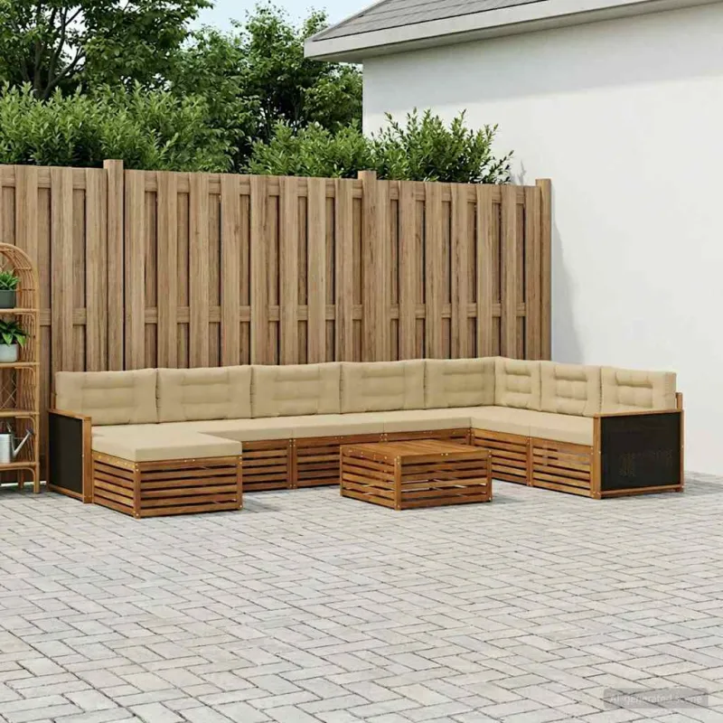 Lauko sofos komplektas su pagalve 9 pcs Natūralus ir bežinis