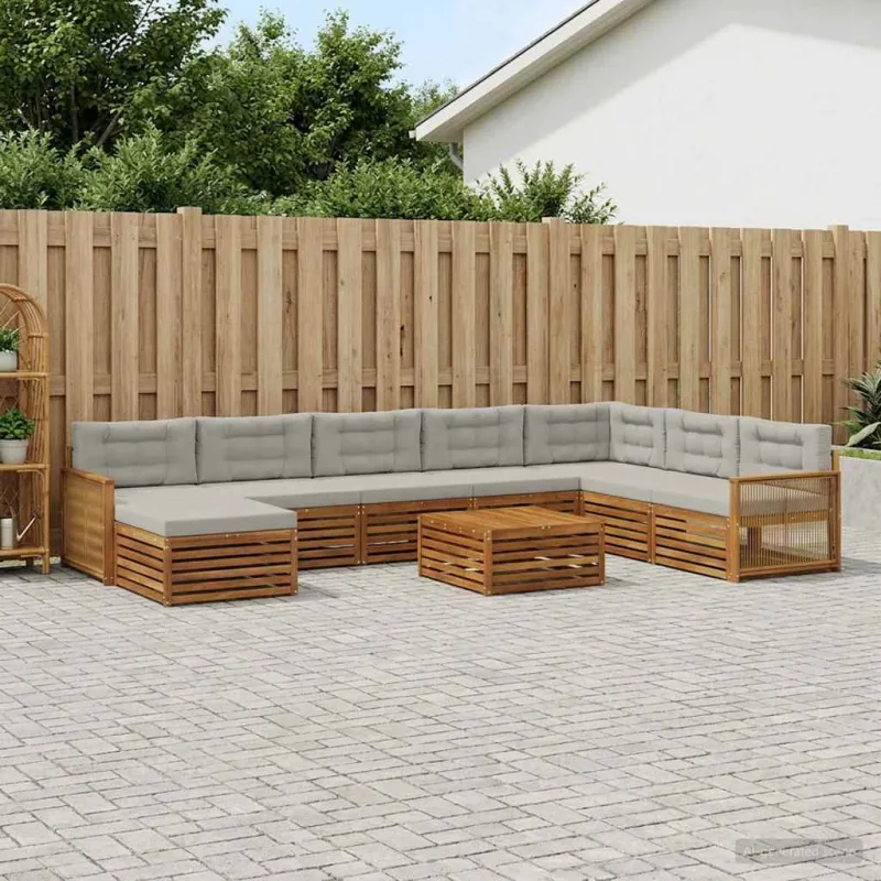 Lauko sofos komplektas 9 pcs Natūrali ir šviesiai pilka
