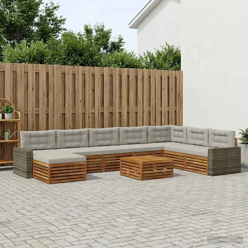 Lauko sofos komplektas 9 pcs Natūrali ir šviesiai pilka