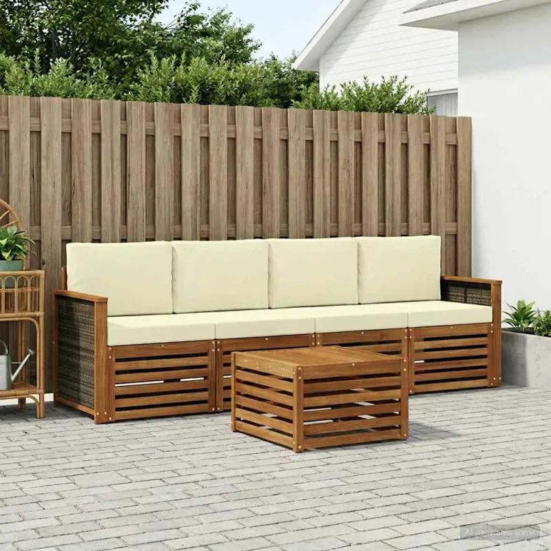 Lauko sofos komplektas su pagalve 5 pcs Natūralus ir grietinėlė