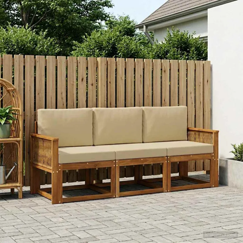 Lauko sofos komplektas 3 pcs Natūralus ir bežinis Poliesteris