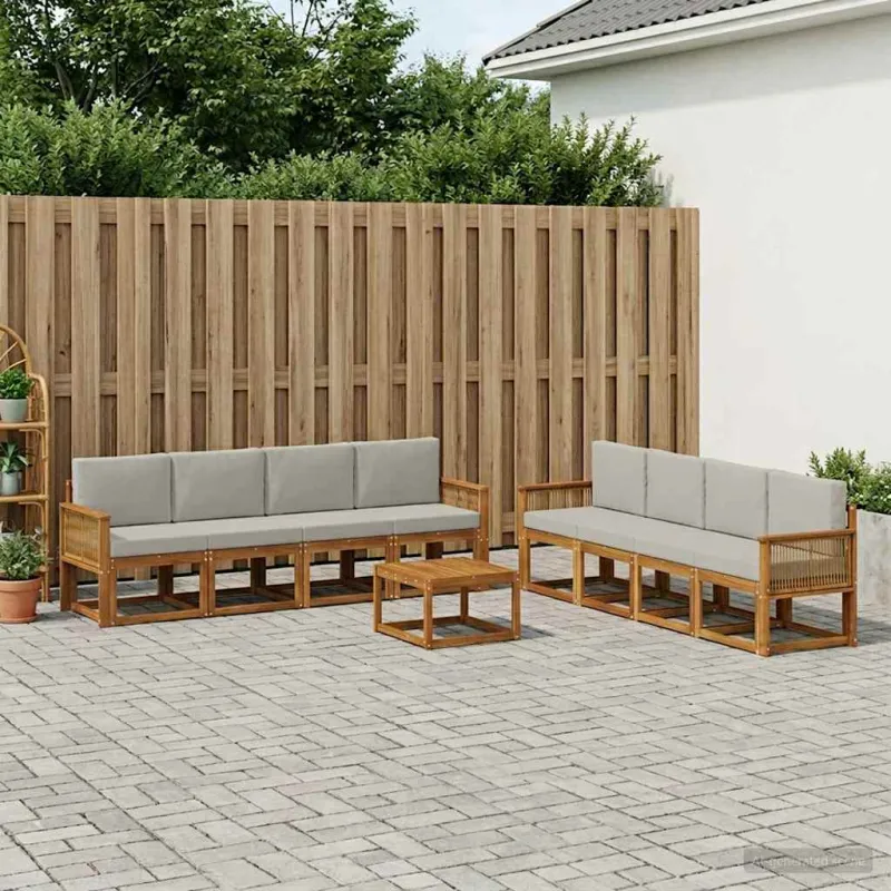 Lauko sofos komplektas 9 pcs Natūrali ir šviesiai pilka
