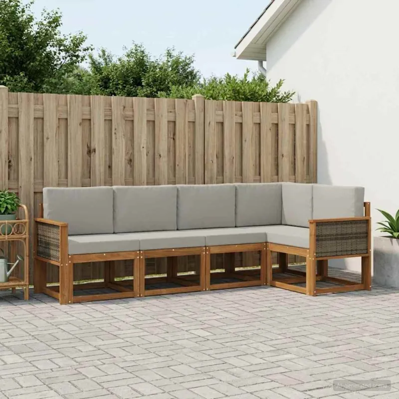 Lauko sofos komplektas 5 pcs Natūrali ir šviesiai pilka