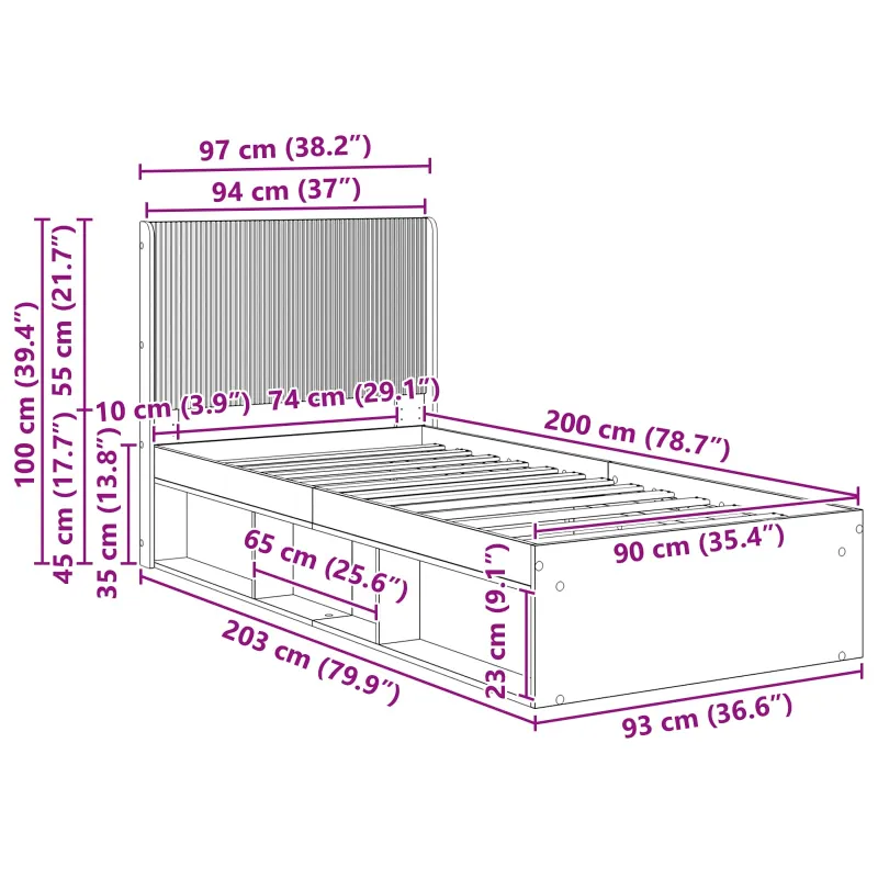 Lovos rėmas su saugojimu ir nugara Sonoma ąžuolas 90 x 200 cm