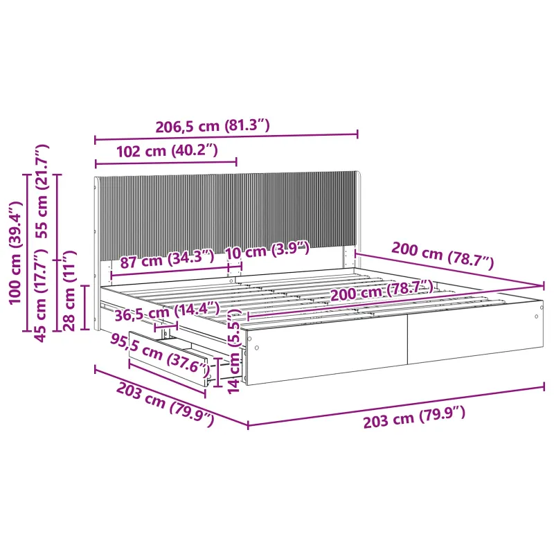 Lovos rėmas su saugojimu ir nugara Juoda 200 x 200 cm