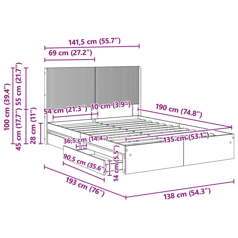 Lovos rėmas su saugojimu ir nugara Dūminio ąžuolo 135 x 190 cm