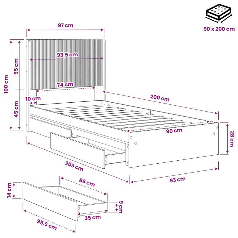 Lovos rėmas su saugojimu ir nugara Dūminio ąžuolo 90 x 200 cm