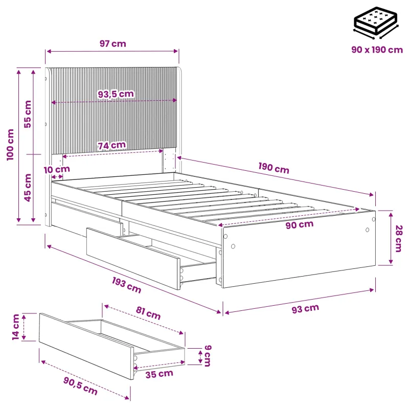 Lovos rėmas su saugojimu ir nugara Dūminio ąžuolo 90 x 190 cm