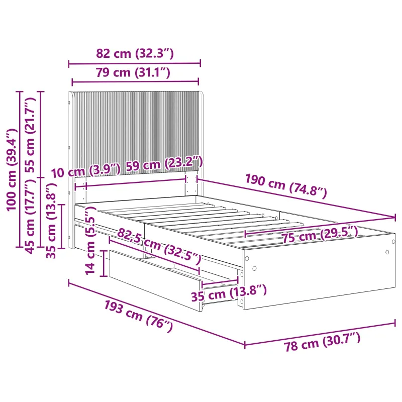 Lovos rėmas su saugojimu ir nugara Balta 75 x 190 cm