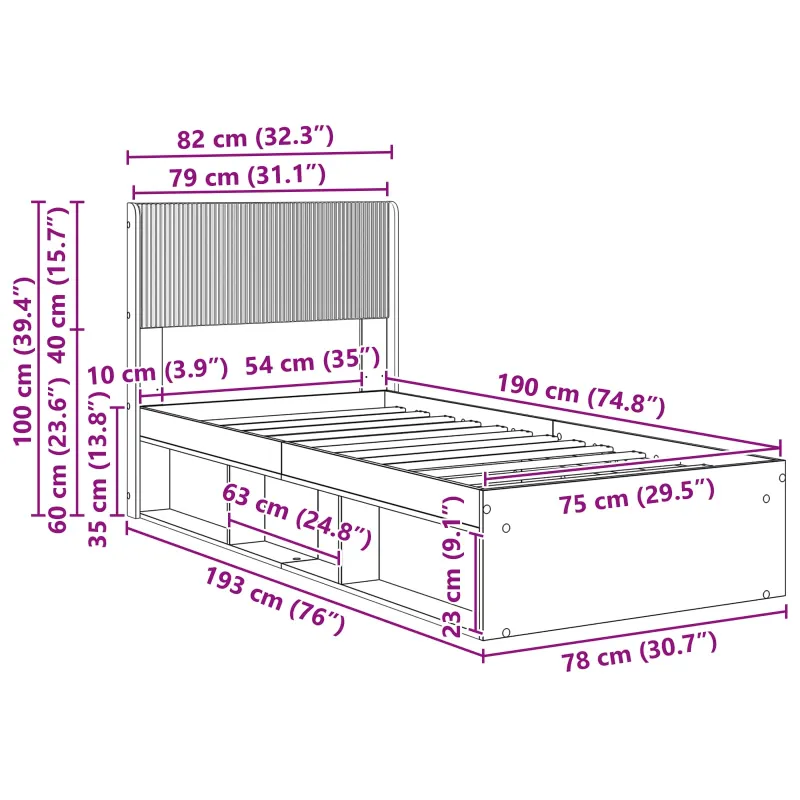 Lovos rėmas su saugojimu ir nugara Sonoma ąžuolas 75 x 190 cm