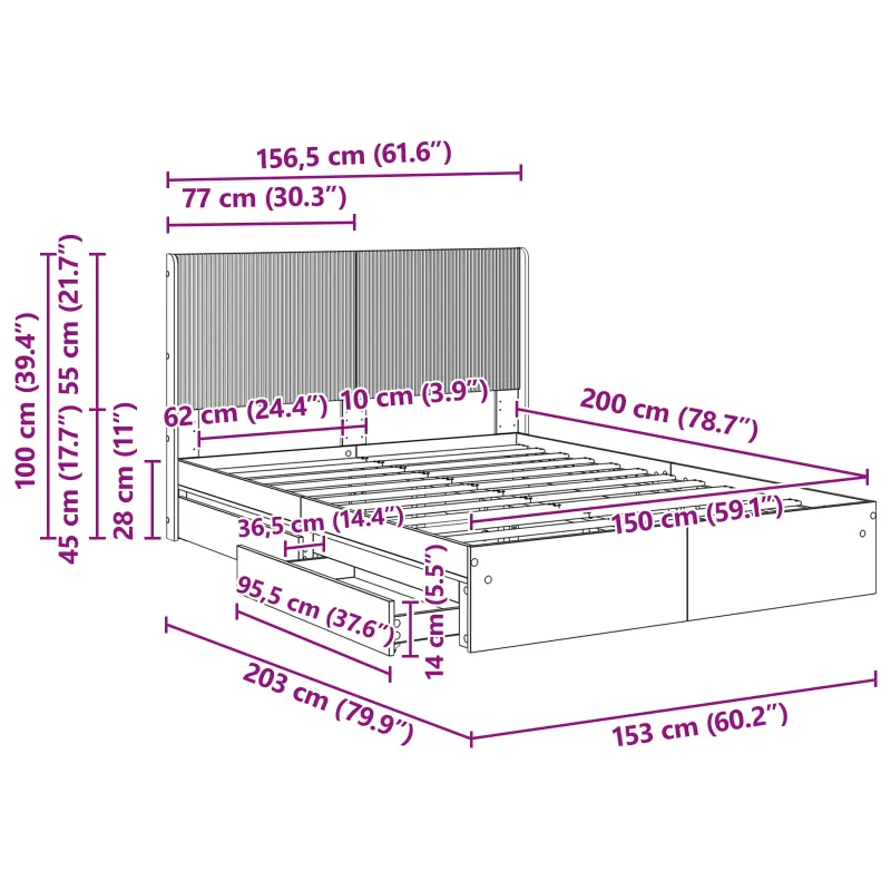 Lovos rėmas su saugojimu ir nugara Betono pilka 150 x 200 cm
