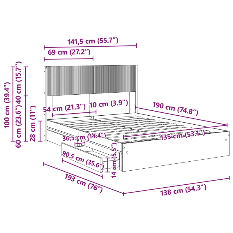 Lovos rėmas su saugojimu ir nugara Dūminio ąžuolo 135 x 190 cm