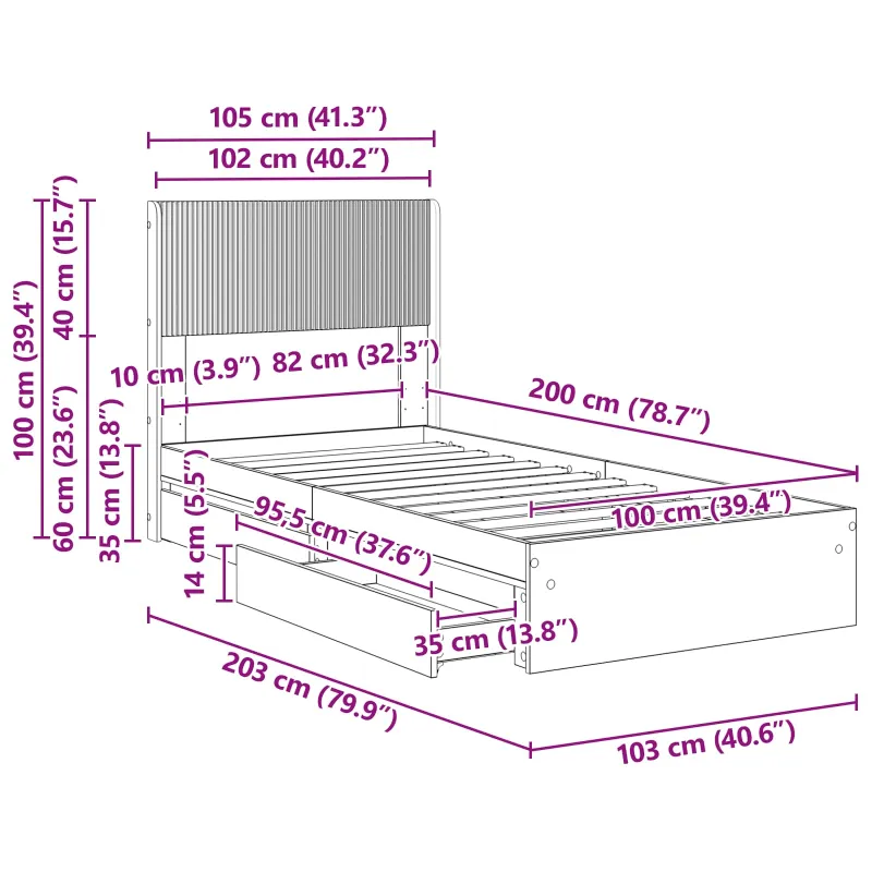Lovos rėmas su saugojimu ir nugara Dūminio ąžuolo 100 x 200 cm