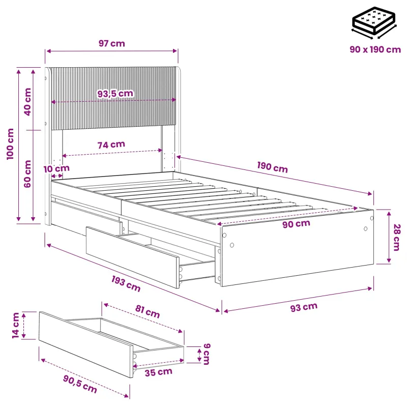 Lovos rėmas su saugojimu ir nugara Juoda 90 x 190 cm