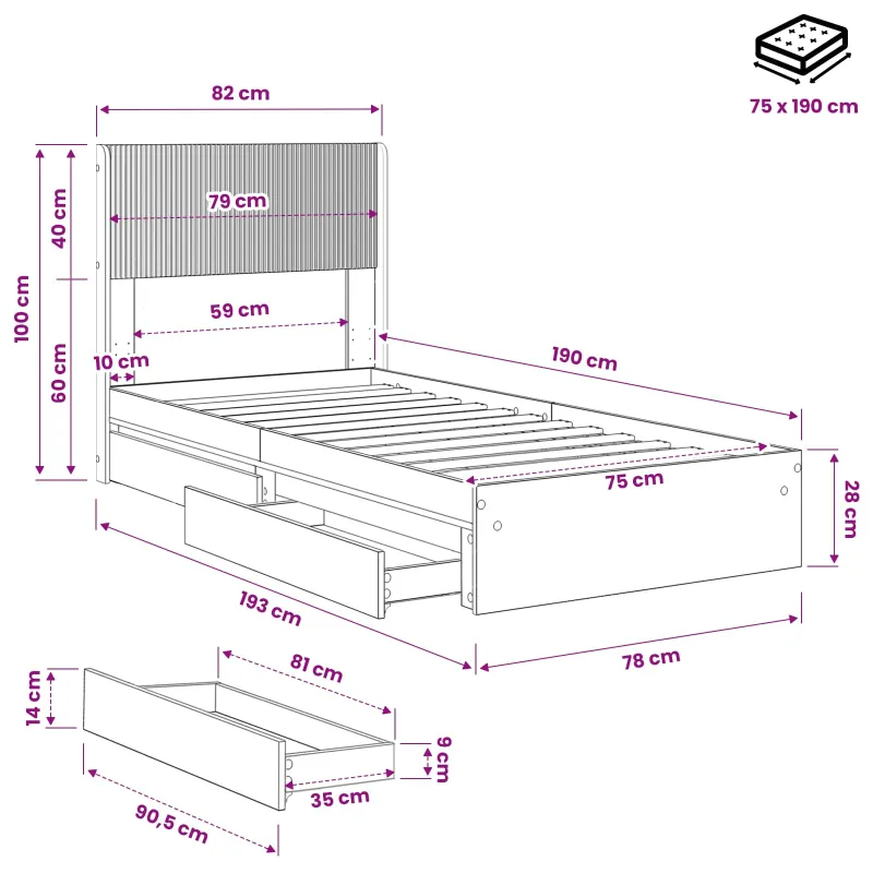 Lovos rėmas su saugojimu ir nugara Juoda 75 x 190 cm