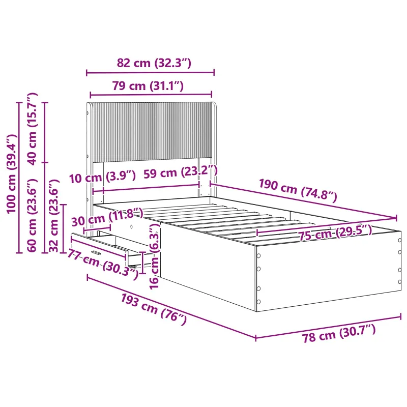 Lovos rėmas su saugojimu ir nugara Pilka Sonoma 75 x 190 cm