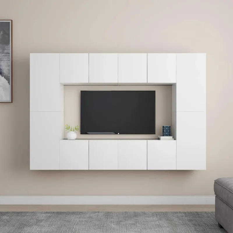 Televizoriaus spintelių komplektas, 8 dalių, baltas, mediena