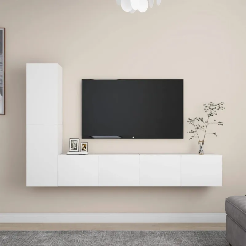Televizoriaus spintelių komplektas, 4 dalių, baltas, mediena